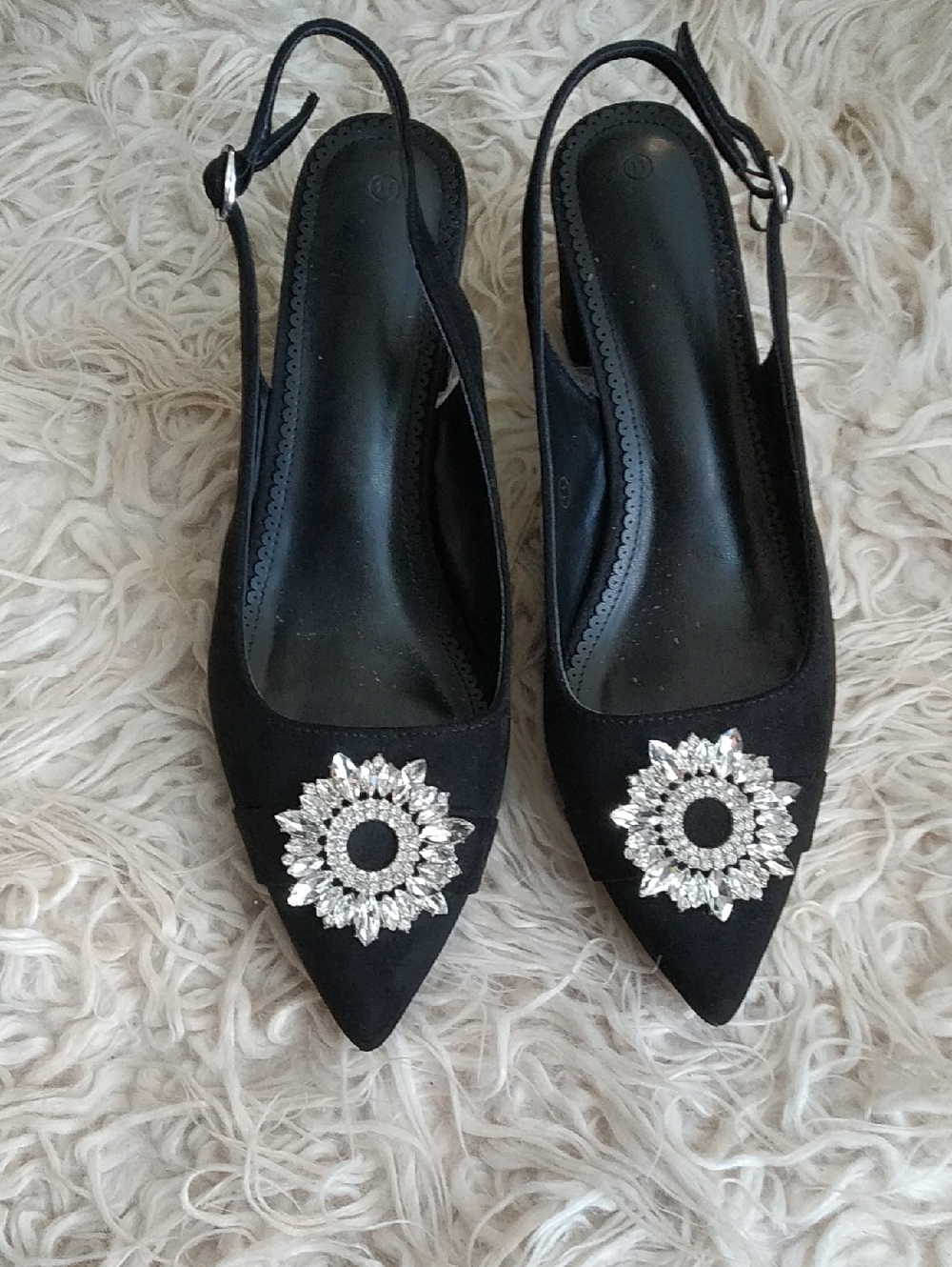 Black Slingback Pointed-Toe Heels with Crystal Brooch